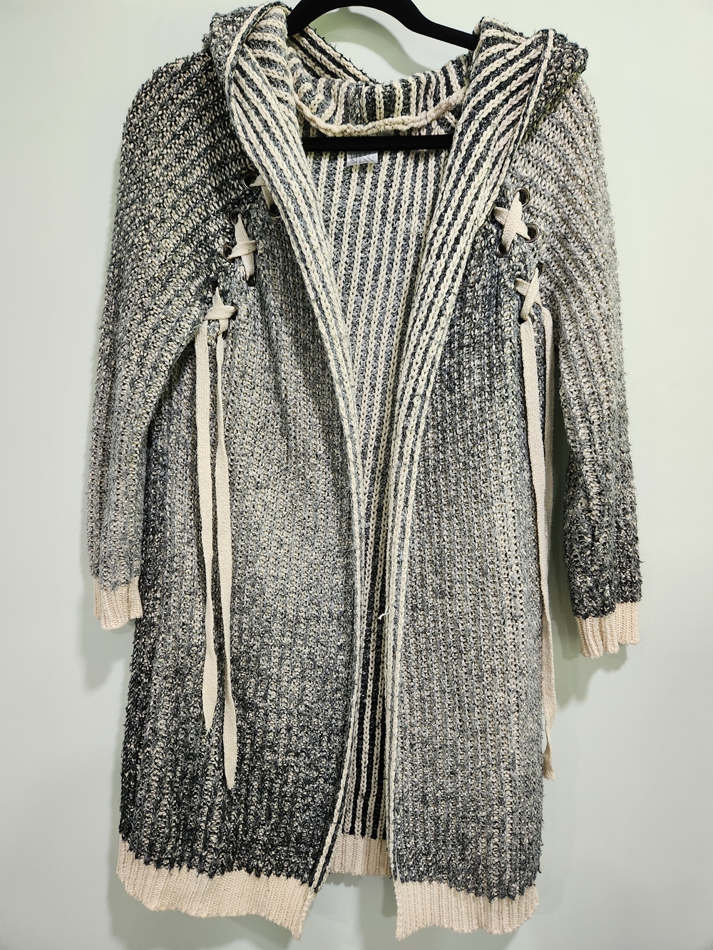 Carbon38 Hooded Open-Front Knit Cardigan in Gray and Cream